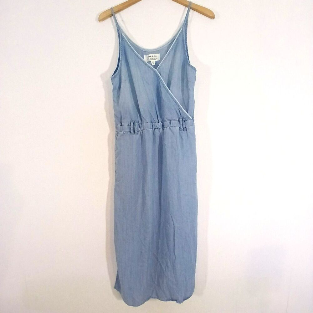 Anthropologie Cloth Stone Lyocell Chambray Faux Wrap Dress Med Coastal Grandma